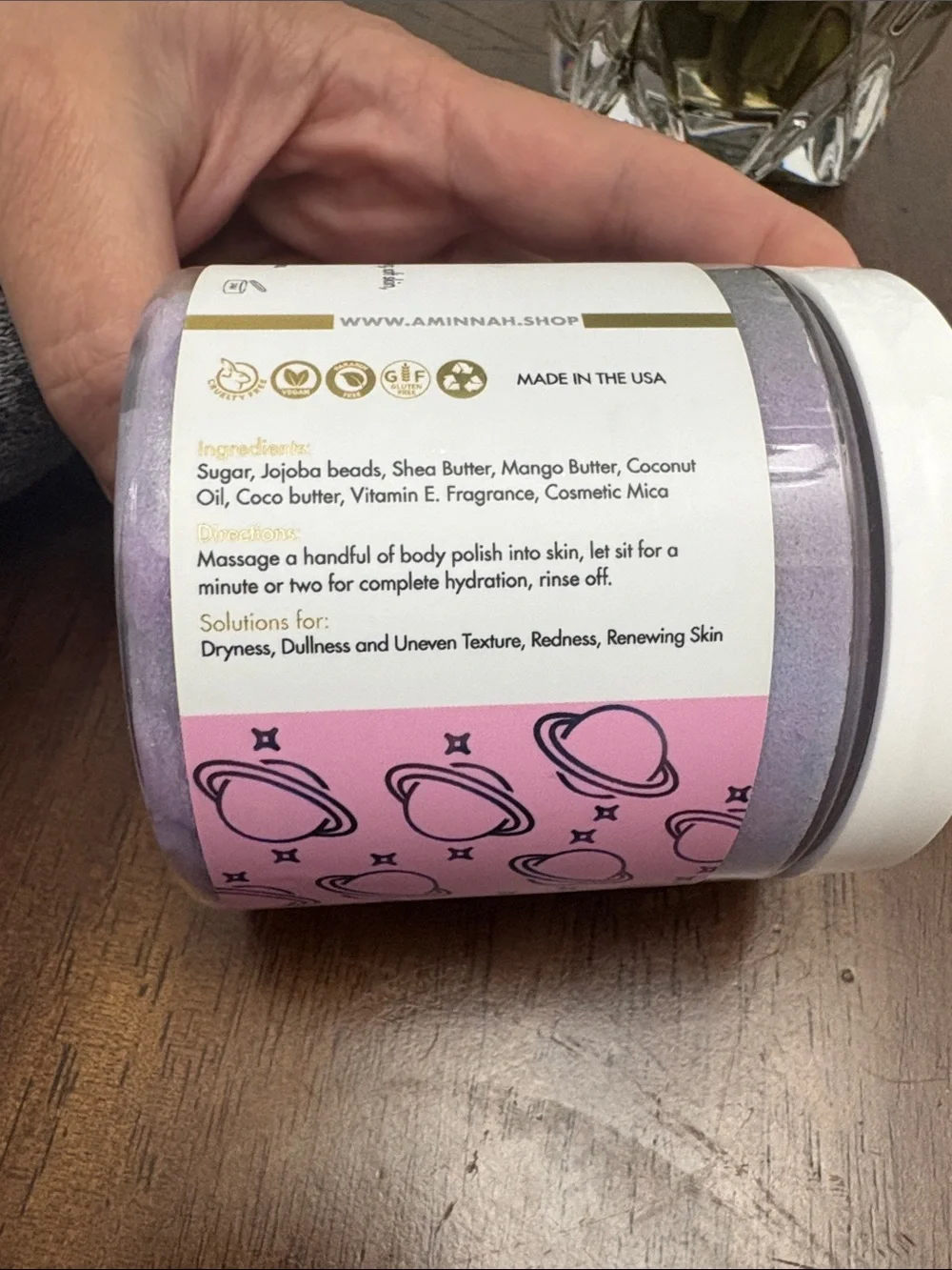 Aminnah Galaxy Sugar Polish – Iridescent Lavender Body Scrub. New